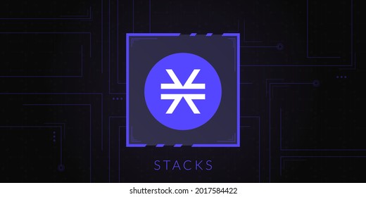 Stacks cryptocurrency logo on dark background with circuits decoration.