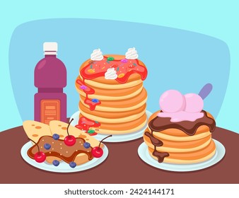 Stacks of delicious pancakes with syrup, chocolate, berries and ice-cream. Vector illustration. Celebration of pancake day, delights, cooking concept