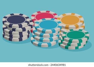 Stacks of different gambling chips on table. vector illustration. gambling and casinos