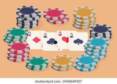 Stacks of different gambling chips and poker cards. vector illustration. gambling and casinos.