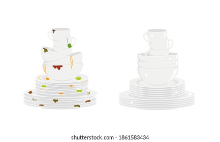 Stacks Of Dirty And Clean Dishes Isolated On White Background. Plates, Bowls And Cups Before And After Washing. Vector Flat Illustration.