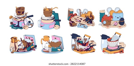 Stacks of dirty and clean dishes set. Pile of unclean and tidy plates, spoons, cups, bowls. Tableware, kitchen utensils, cutlery before and after washing. Flat isolated vector illustrations on white