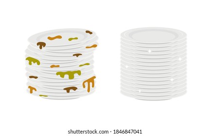 Montones de platos sucios y limpios aislados en fondo blanco. Platos antes y después del lavado. Ilustración vectorial.