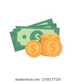 Stacks of dollar bills and coins
