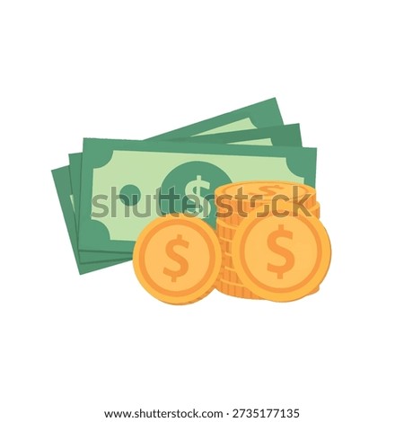 Stacks of dollar bills and coins