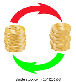 stacks of dollars coins and bitcoin exchange arrows isolated on white background