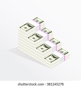 Stacks of dollars on a white background.