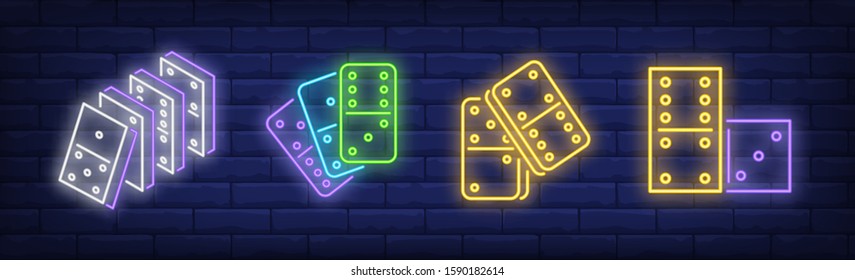 Stacks of domino tiles neon sign set. Play, game, activity. Vector illustration in neon style, bright banner for topics like strategy, entertainment, leisure, recreation