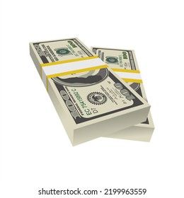 Stacks of dummy one hundred US dollars banknote, front and back detailed coupure in isometric view on white. Realistic dollar bills in stacks.
