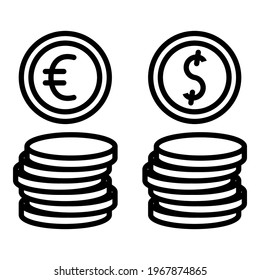 Stacks of euro coins and dollar. Currency exchange, banking services, cash reception. Vector icons, isolated, Outline.