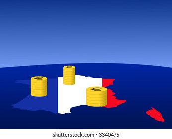 stacks of Euro coins with map and flag of France