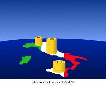 stacks of Euro coins with map and flag of Italy