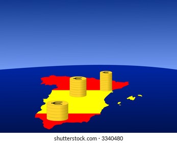pilas de monedas en euros con mapa y bandera de España