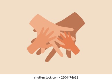 Stacks four hands of different sizes form a team. Diversity concept. Flat vector illustration isolated. 