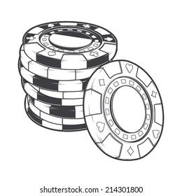 Stacks of gambling chips, casino tokens isolated on a white background. Line art. Retro design. Vector illustration.