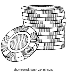 Pilas de fichas de juego. El casino tokens al estilo de arte en línea. Ilustraciones vectoriales en el estilo de esbozo dibujado a mano aisladas en blanco. Ganancia conceptual y juego de casino