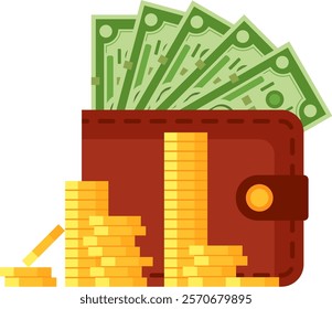 Stacks of gleaming gold coins and vibrant dollar banknotes overflowing from a rich brown leather wallet symbolize savings, investment opportunities, and the journey toward wealth accumulation