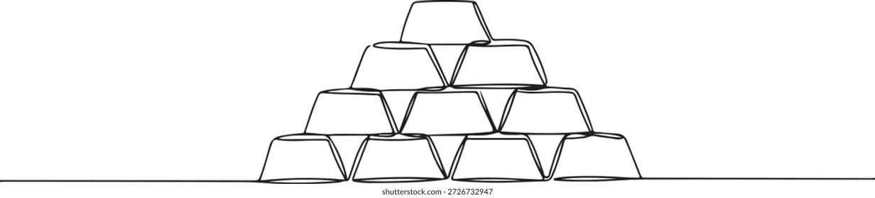 Pilas de lingotes de oro, elegante arte minimalista de dinero y materialismo, estilo de línea continua.