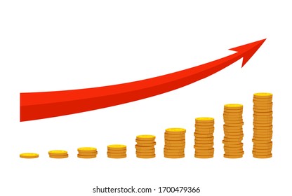 Montaje de dibujos animados planos de monedas de oro. Creciente flecha roja del programa financiero. Gráfico de aumento del crecimiento de los beneficios y empresas financieras. Desarrollo de negocios exitoso, aumento de ingresos. Ilustración vectorial aislada