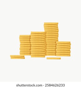 Stacks of gold coins arranged in varying heights. Coins symbolize wealth and prosperity. Gold coins shine brightly, representing financial success and abundance. Aesthetic vector illustration.