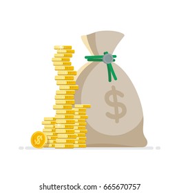 Stacks of gold coins and bag of money with dollar sign. Isolated, on white background. Vector, flat illustration. 