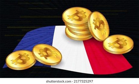 Stacks of gold coins of Bitcoin BTC on colored flag of France on dark digital background. Central Bank of France adopts laws on digital assets CBDC. Vector illustration.