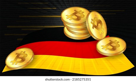 Stacks of gold coins of Bitcoin BTC on colored flag of Germany on dark digital background. Central Bank of Deutschland adopts laws on digital assets CBDC. Vector illustration.