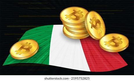 Stacks of gold coins of Bitcoin BTC on colored flag of Italy on dark digital background. Central Bank of Italy adopts laws on digital assets CBDC. Vector illustration.