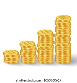 Stacks of gold coins demonstrate the growth and profitability of bitcoin. Vector illustration.