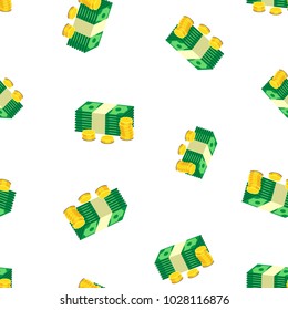 Stacks of gold coins and dollar cash seamless pattern background. Business flat vector illustration. Money sign symbol pattern.