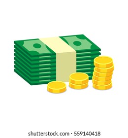 Stacks of gold coins and dollar cash. Vector illustration in flat design on white background