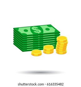 Stacks of gold coins and stacks of dollar cash. Vector illustration in flat design on white background