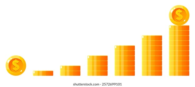 Stacks of gold coins with dollar currency sign for money increase. Income growth chart, savings increase indicators. Stacks of gold coins for savings and dividends, for game or casino, cash gain.