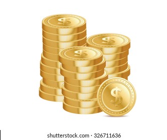 Stacks of gold coins and dollar signs