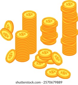 Stacks of gold coins featuring dollar signs rising upward, symbolizing the concepts of earning, saving, and accumulating wealth, profit, and financial growth