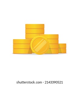 Stacks Of Gold Coins. Flat Style Currency Pile Icon Is Stacked. One Coin Stands On The Edge. EPS10 Vector Illustration.