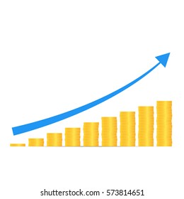 Stacks of gold coins graph arrow. Income and profits. Isolated on white background. Vector illustration.