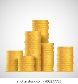 Stacks of gold coins. Income and profits. Isolated on white background. Stock vector illustration.