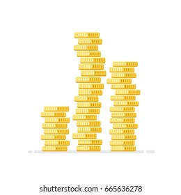 Stacks of gold coins. Isolated, on white background. Vector, illustration, flat 