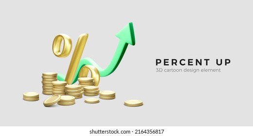 Stacks of gold coins and percent sign with green up arrow. Business or startup success. Vector illustration