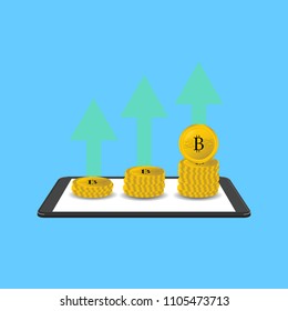 Stacks of gold coins placed on phones. Bitcoin growth concept. Easy editable layered vector illustration