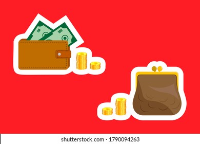 Stacks of gold coins stand next to a leather wallet, purse and banknotes. With white outline. Issuing loans, deposits, loan money, saving money and finances, banking. Vector isolated