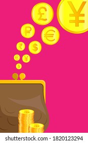 Stacks of gold coins stand next to a leather wallet, purse and banknotes. Issuing loans, deposits, loan money, saving money and finances, banking. Vector isolated
