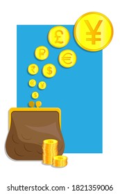 Las pilas de monedas de oro están junto a una cartera de cuero, bolso y billetes. Emisión de préstamos, depósitos, préstamos, ahorro de dinero y finanzas, banca. Vector aislado