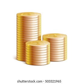 Stacks of gold coins, vector illustration. Details and realistic 3d stacks of coins with reflections and shadows