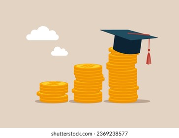 Stacks of gold coins  wearing academic graduation hat mortarboard hat. Flat vector illustration