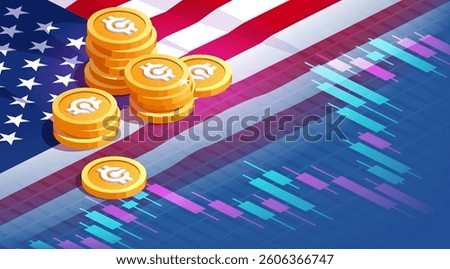 Stacks of gold cryptocurrency coins on an American flag with a financial chart.