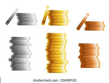 Stacks Of Gold, Silver And Bronze Coins In Different Heights With Gold The Tallest In Two Different Variants With A Leaning Coin On The Side,vector Illustration Isolated On White