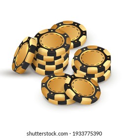 Stacks of golden with black poker chips, tokens on white background. Vector illustration for casino, game design, flyer, poster, banner, web, advertising.