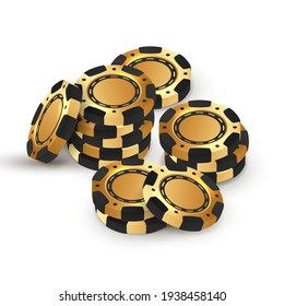 Stacks of golden with black poker chips, tokens on white background. Vector illustration for casino, game design, flyer, poster, banner, web, advertising.